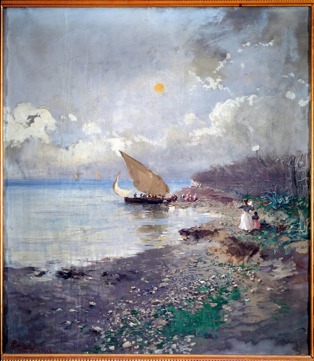 Tilbake fra fiske Strandmaleri av Pompeo Mariani (1857-1927) 1898 Dim 115x100 cm Genes, Galleria d