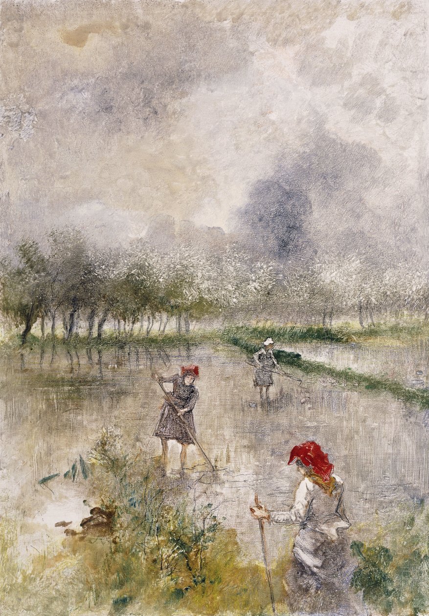 Woman in the Rice Fields (monotypi trykt i farger, forsterket med fargestift) av Pompeo Mariani