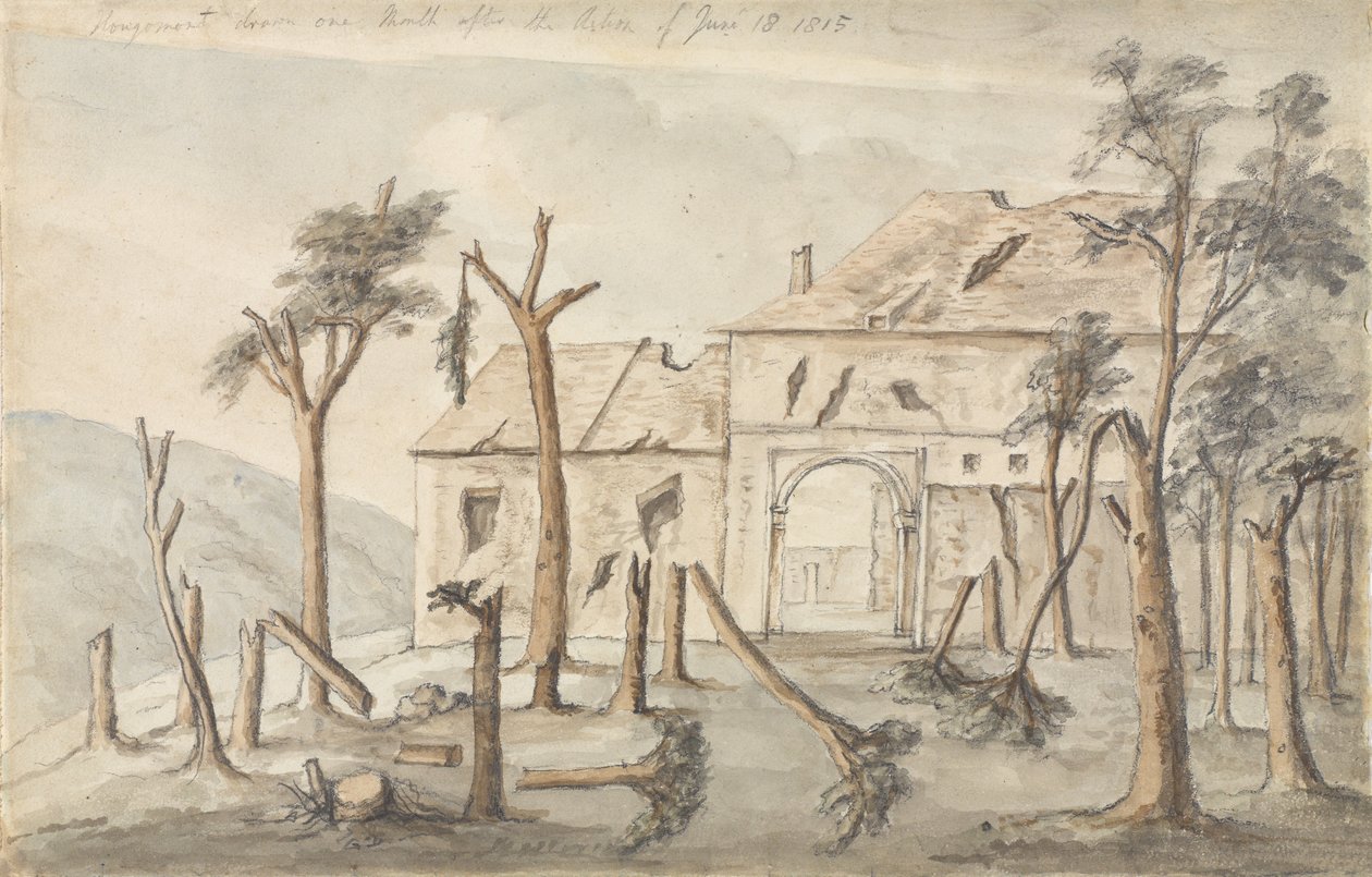 Hougoumont tegnet en måned etter aksjonen 18. juni 1815, juli 1815 (blyant og wc på papir) av Ponsonby