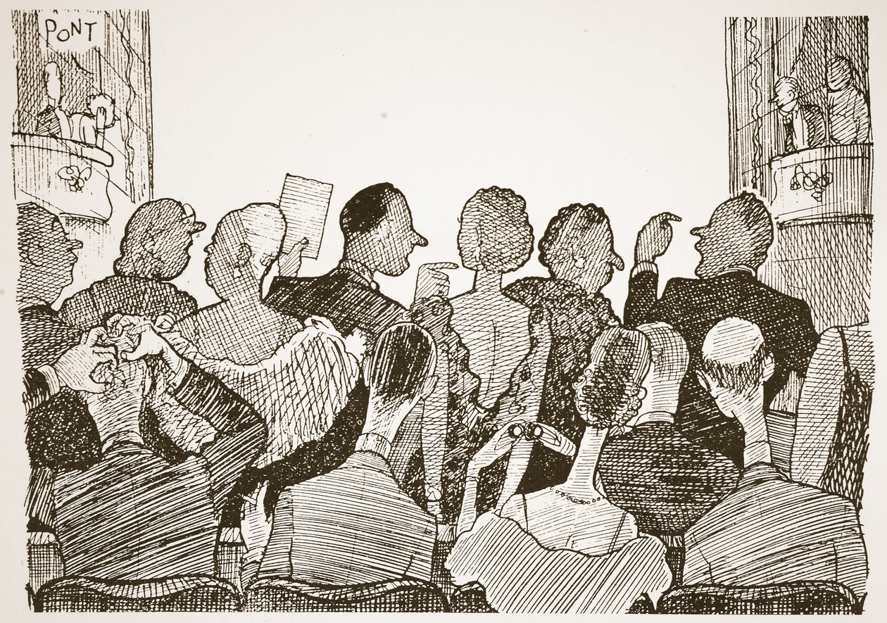 Elsker å komme for sent til teateroppsetninger, illustrasjon fra 'Pont: An Account of the Life and Work of the great Punch artist' av Pont