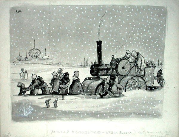 Popular Misconceptions: Life in Russia, illustrasjon fra Punch, publisert 27. desember 1939 (penn, blekk, monokrom akvarell og kroppsfarge på papir) av Pont
