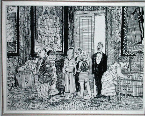Den britiske karakteren: stor interesse for historiske hus, illustrasjon fra Punch, publisert 8. juli 1936 (penn og blekk på papir) av Pont