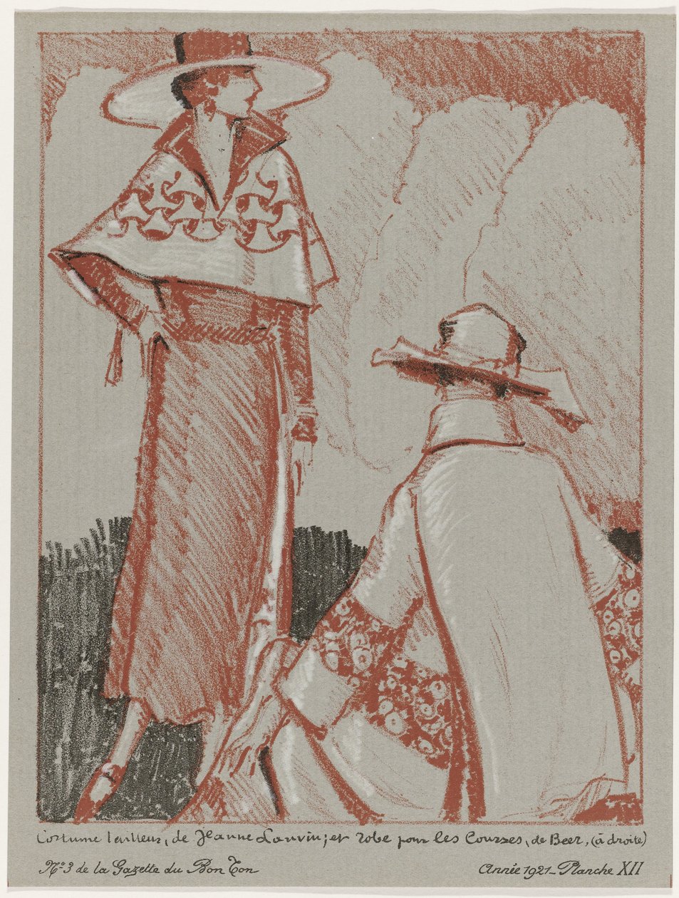 Gazette du Bon Ton, 1921 - nr. 3, Pl. XII: Skreddersydd dress, av Jeanne Lanvin; og kjole for shopping, de Beer (tittel på objekt) av Porter Woodruff