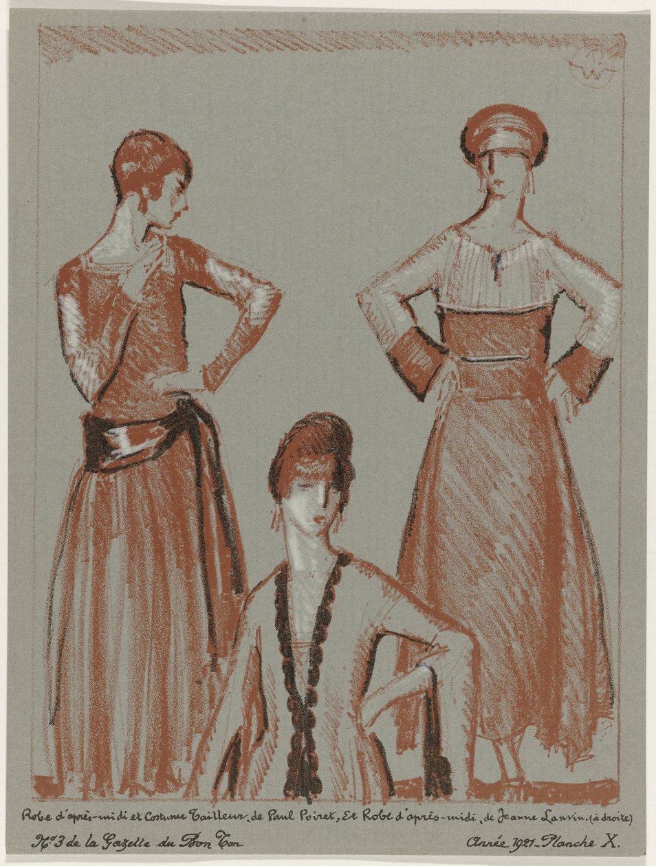 Gazette du Bon Ton, 1921 - nr. 3, Pl. X: Ettermiddagskjole og skreddersydd dress, av Paul Poiret, og ettermiddagskjole, av Jeanne Lanvin (tittel på objekt) av Porter Woodruff