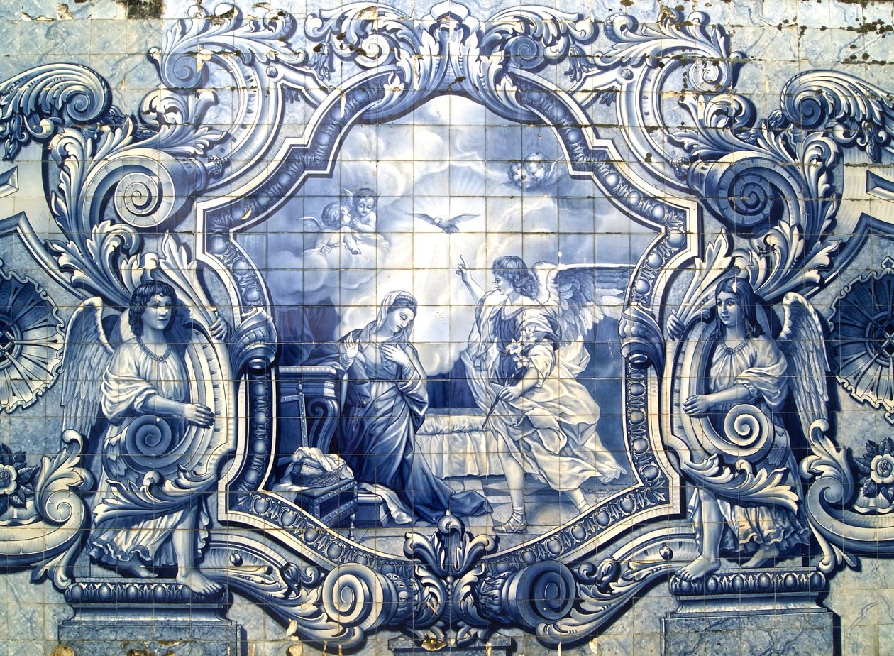 Dekorativt panel som viser kunngjøringen, Lamego, Portugal. 1738 (keramiske fliser) av Portuguese School