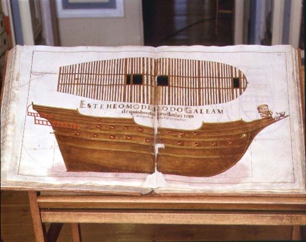 Plan of a Galleon, side 88 i Carpinteros Book of Carpentry Designs, 1616 av Portuguese School