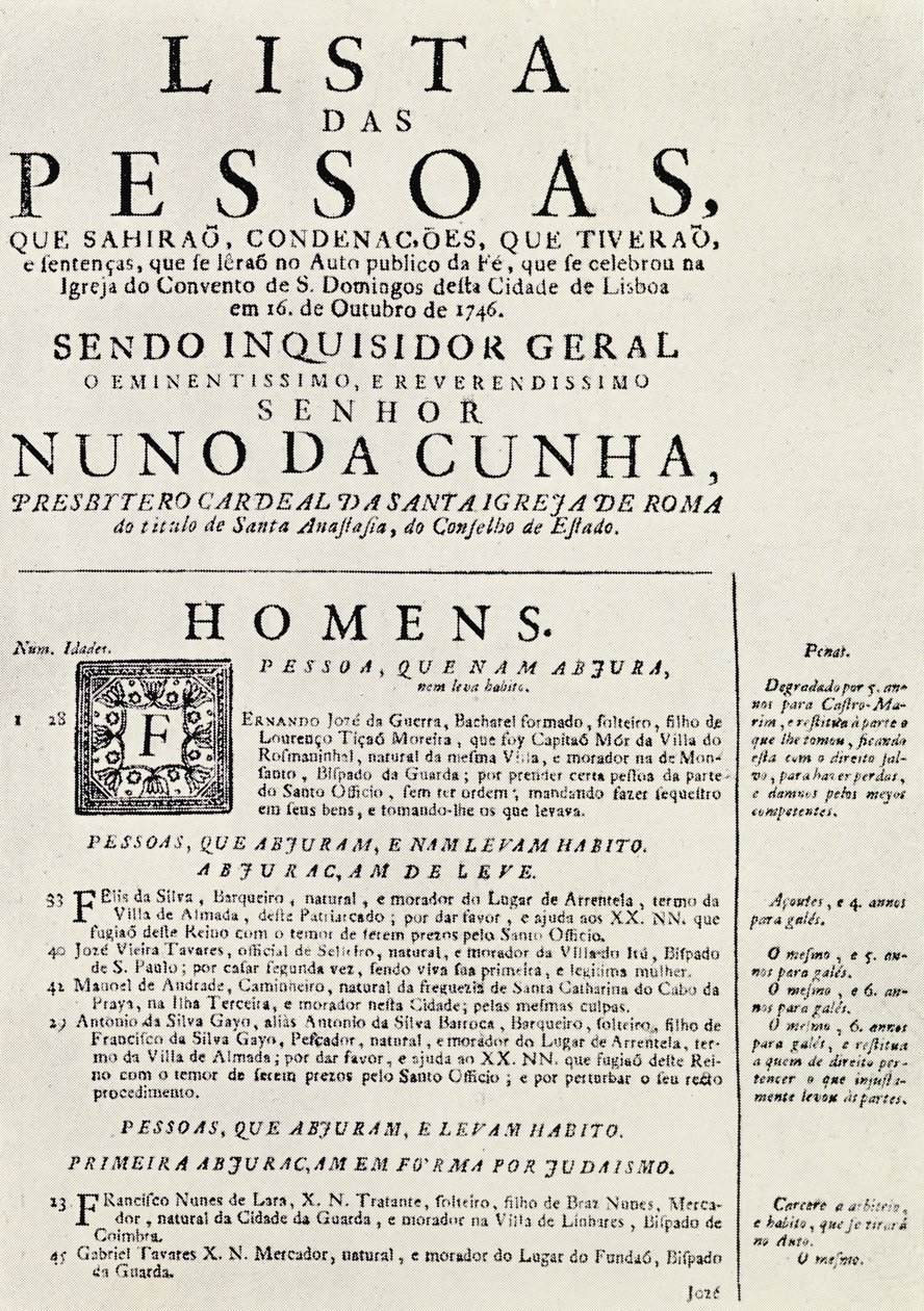 Program for en Auto da Fe i Lisboa, 1746, fra 'The Spanish Inquisition' av Cecil Roth, utgitt 1937 av Portuguese School