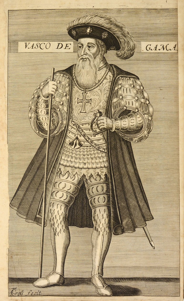 Vasco de Gama fra Luciaden, eller Purtugals historiske dikt av Luis de Camoens (ca. 1524-1580). Oversatt fra portugisisk til engelsk av Sir Richard Fanshaw (1608?1666). London: Humphrey Moseley, 1 av Portuguese School