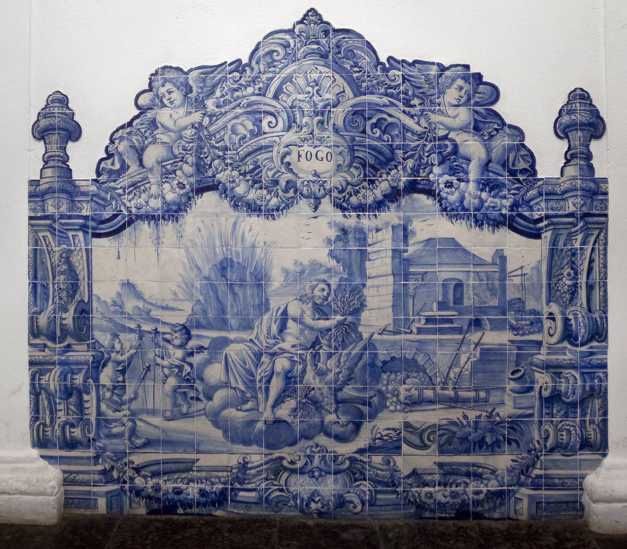 Allegory of fire - Azulejos, malt keramikk av Portuguese School