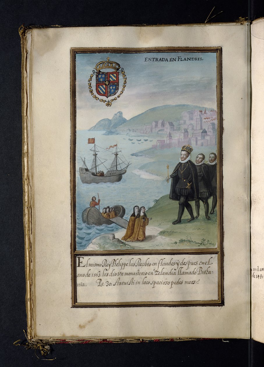 Ankomst til Flandern, fra en historie om Syon-nonnenes peregrineringer, samlet i Lisboa på begynnelsen av 1600-tallet av Portuguese School