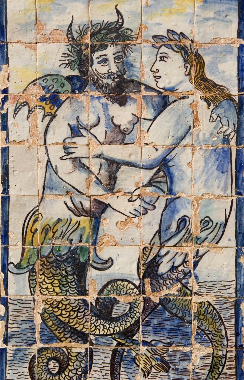 Azulejos-fliser i palasshagen som viser sjødyr (keramikk) av Portuguese School