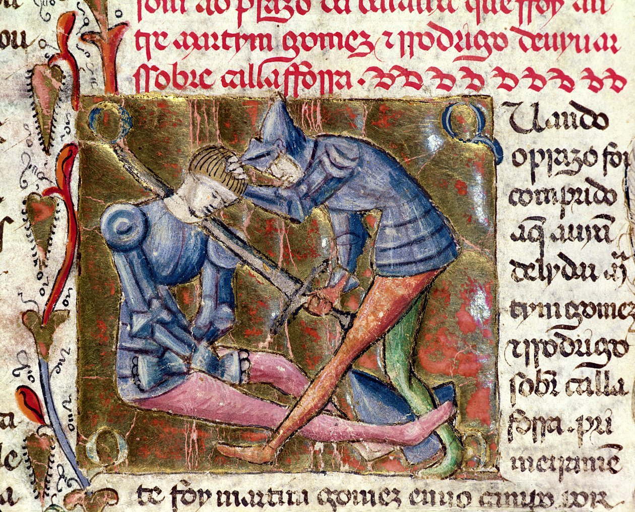 Kamp mellom Martin Gomez og El Cid (ca. 1043-99) fra Chronicles of Spain, 1344 av Portuguese School