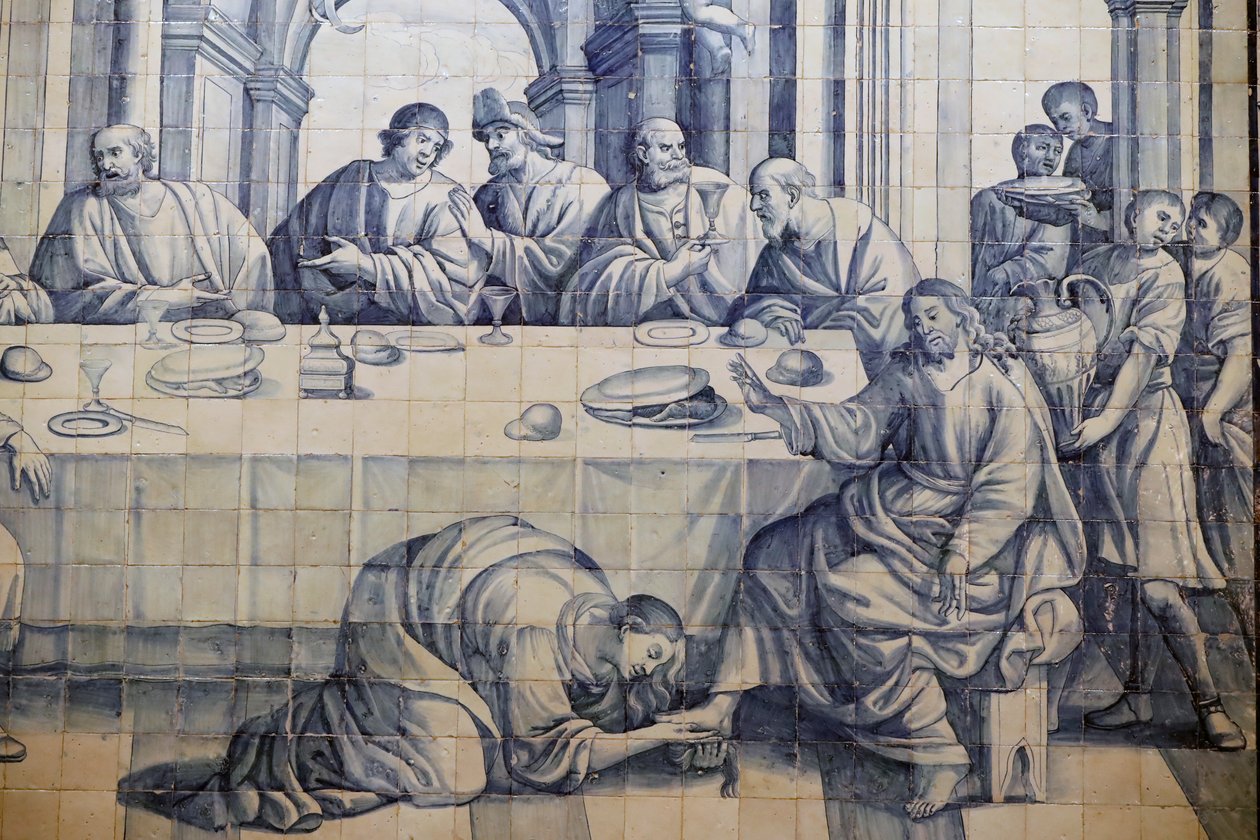 Barmhjertighetskirken. Azulejos. Jesus blir salvet av en syndig kvinne i Lukas 7:36-50. Evora. Portugal. av Portuguese School