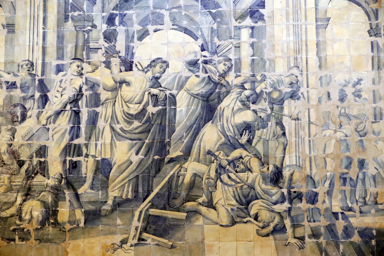 Barmhjertighetskirken. Azulejos. Fortellingen om renselsen av tempelet. Jesus. Evora. Portugal. av Portuguese School