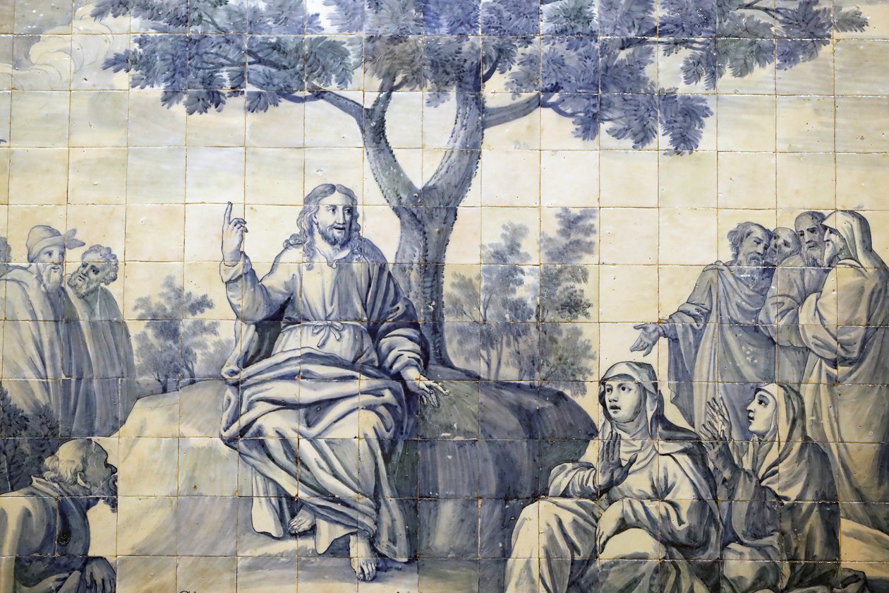 Barmhjertighetskirken. Azulejos. Bergprekenen. Jesus. Evora. Portugal. av Portuguese School