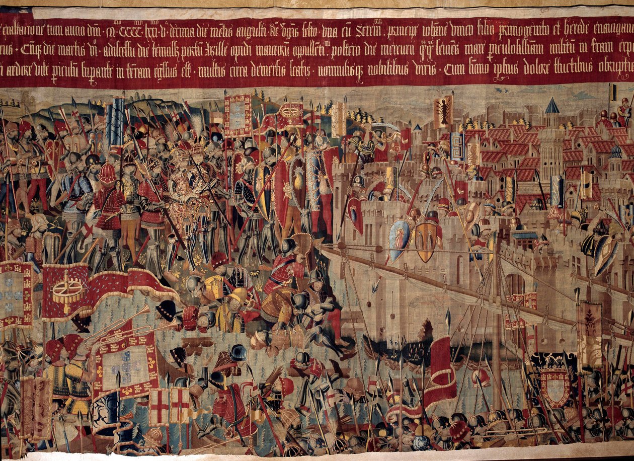 Erobringen av Afrika: "" Erobringen av Asilah (Arzila) i Marokko i 1471 av den portugisiske flåten""" Fragment av et billedvev fra den portugisiske skolen fra 1500-tallet. Lisboa, Nasjonalmuseet for antikk kunst av Portuguese School