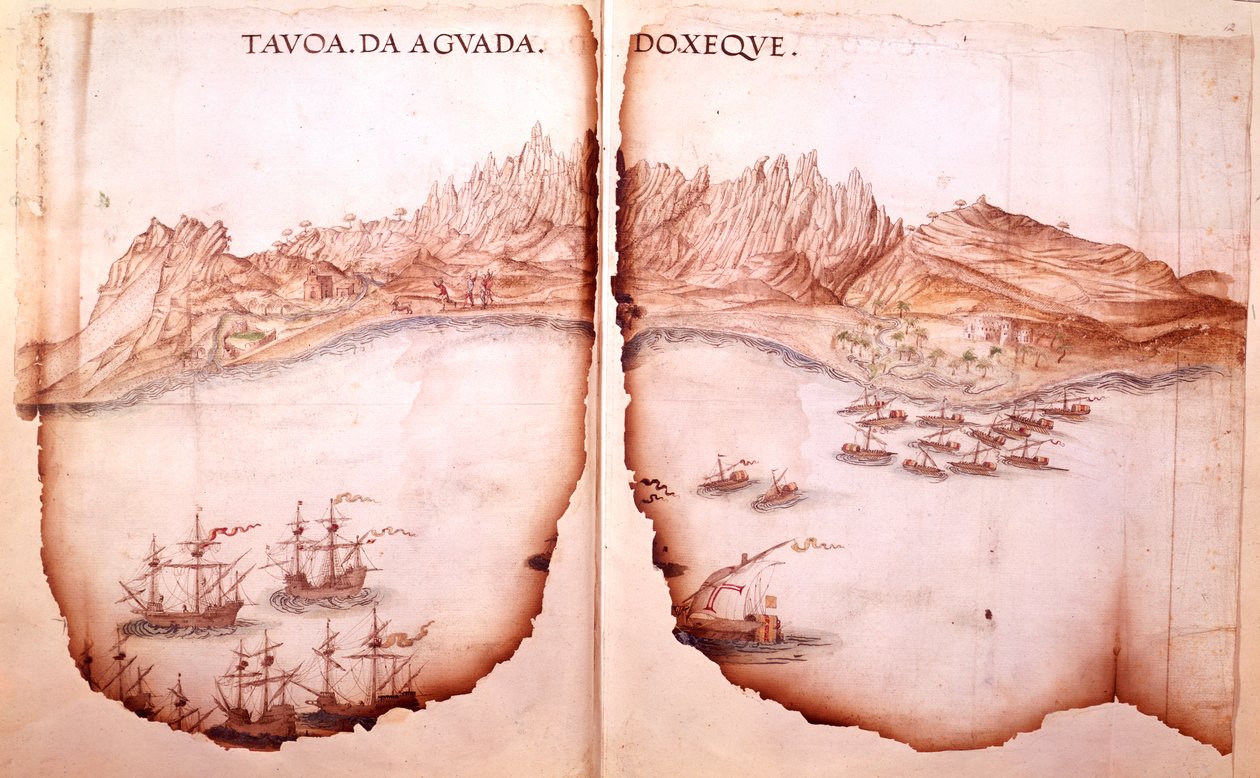 Cotton Tiberius D. IX, ff.11v-12 Utsikt over Aguada, illustrasjon fra 