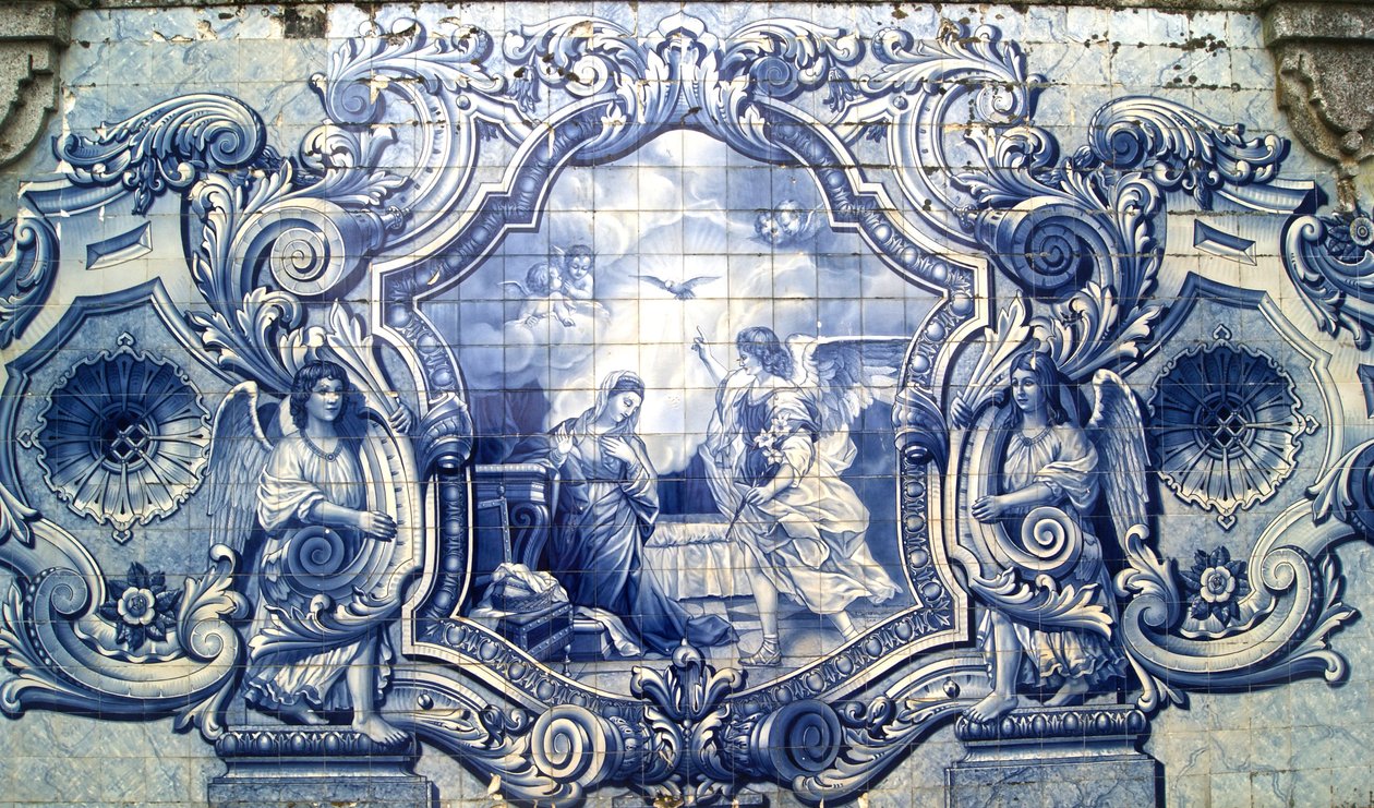 Dekorativt panel som viser kunngjøringen, Lamego, Portugal. 1738 (keramiske fliser) av Portuguese School