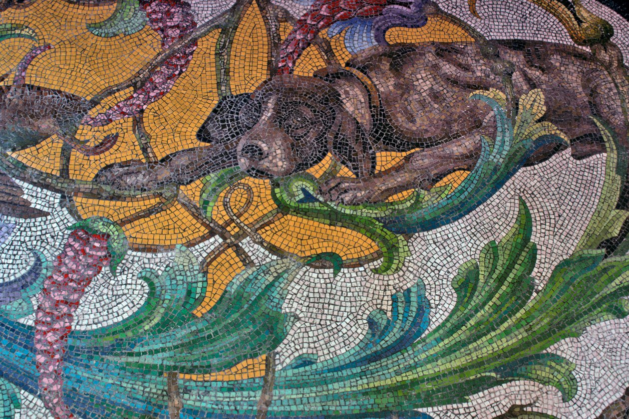 Etasje som viser en jakthund (mosaikk) av Portuguese School