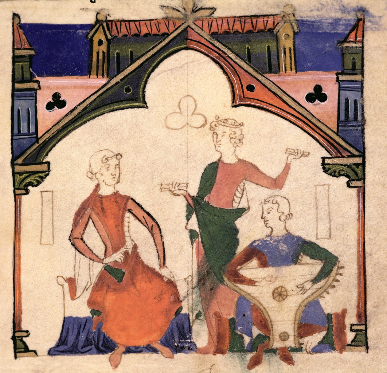 Fol.4r Musikere som spiller kastanjetter og et psalteri, fra Chansonnier des Nobles av Portuguese School