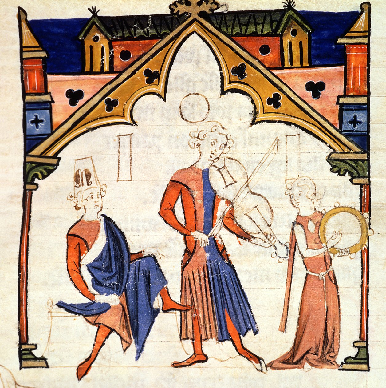 Fol.6r Musicians Playing a Viola and a Tambourine, fra Chansonnier des Nobles av Portuguese School
