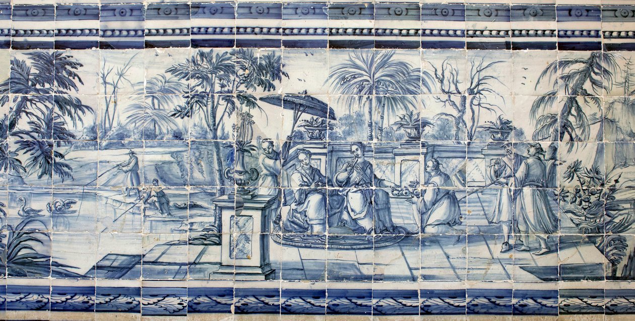Fruktsmaking nær en innsjø i Asia - Azulejos, malt fajanse av Portuguese School
