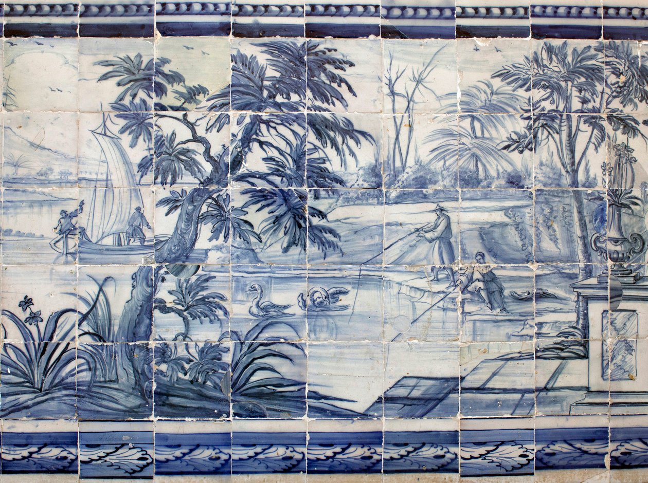 Innsjøfiskere i Asia - Azulejos, malt fajanse av Portuguese School