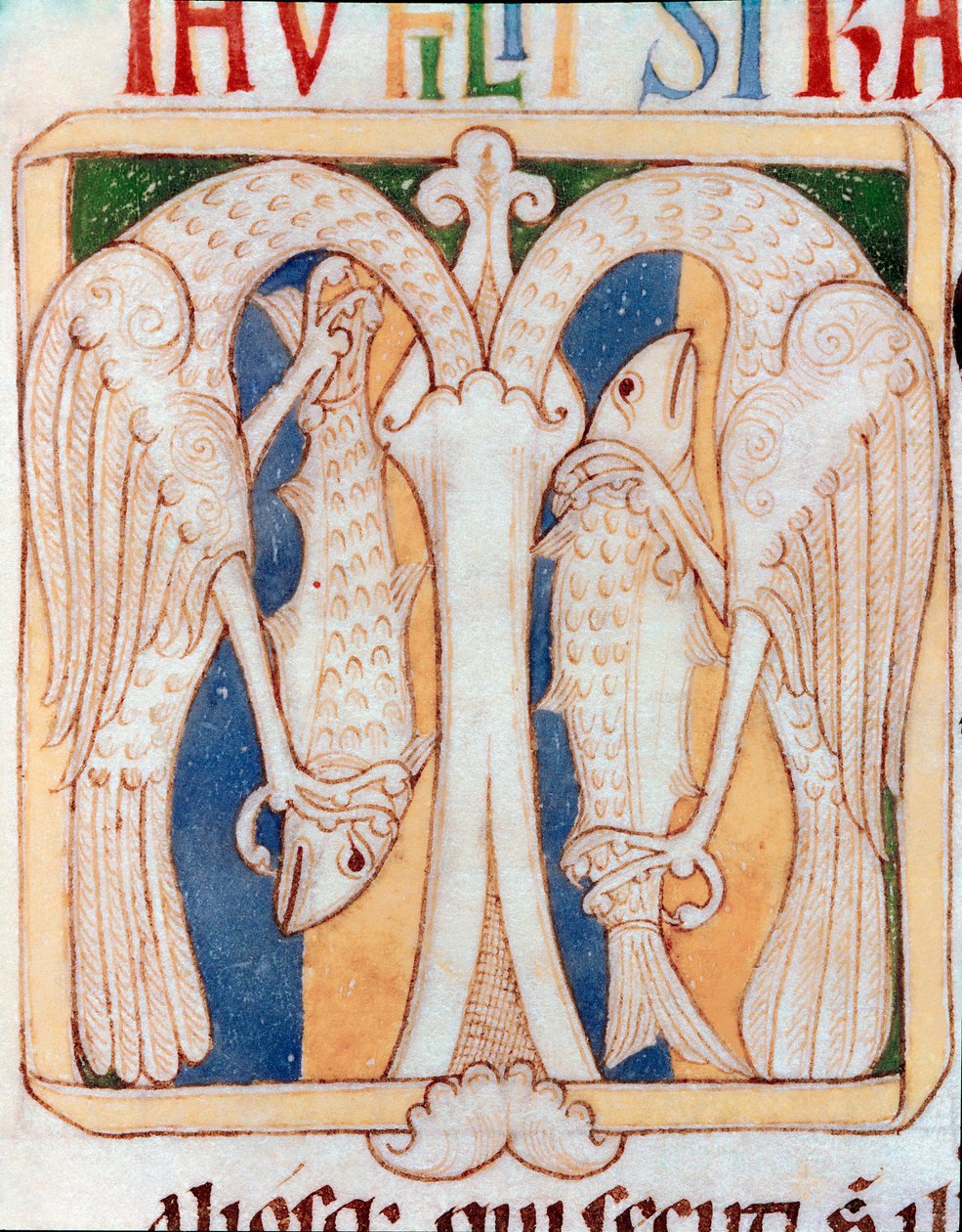 Brevpapirdekor av hegre og fisk. Miniatyr fra manuskriptet "" Testamentum Vetus"" fra Sancta Cruz de Coimbra. 1100-tallet. Porto, kommunalt bibliotek av Portuguese School