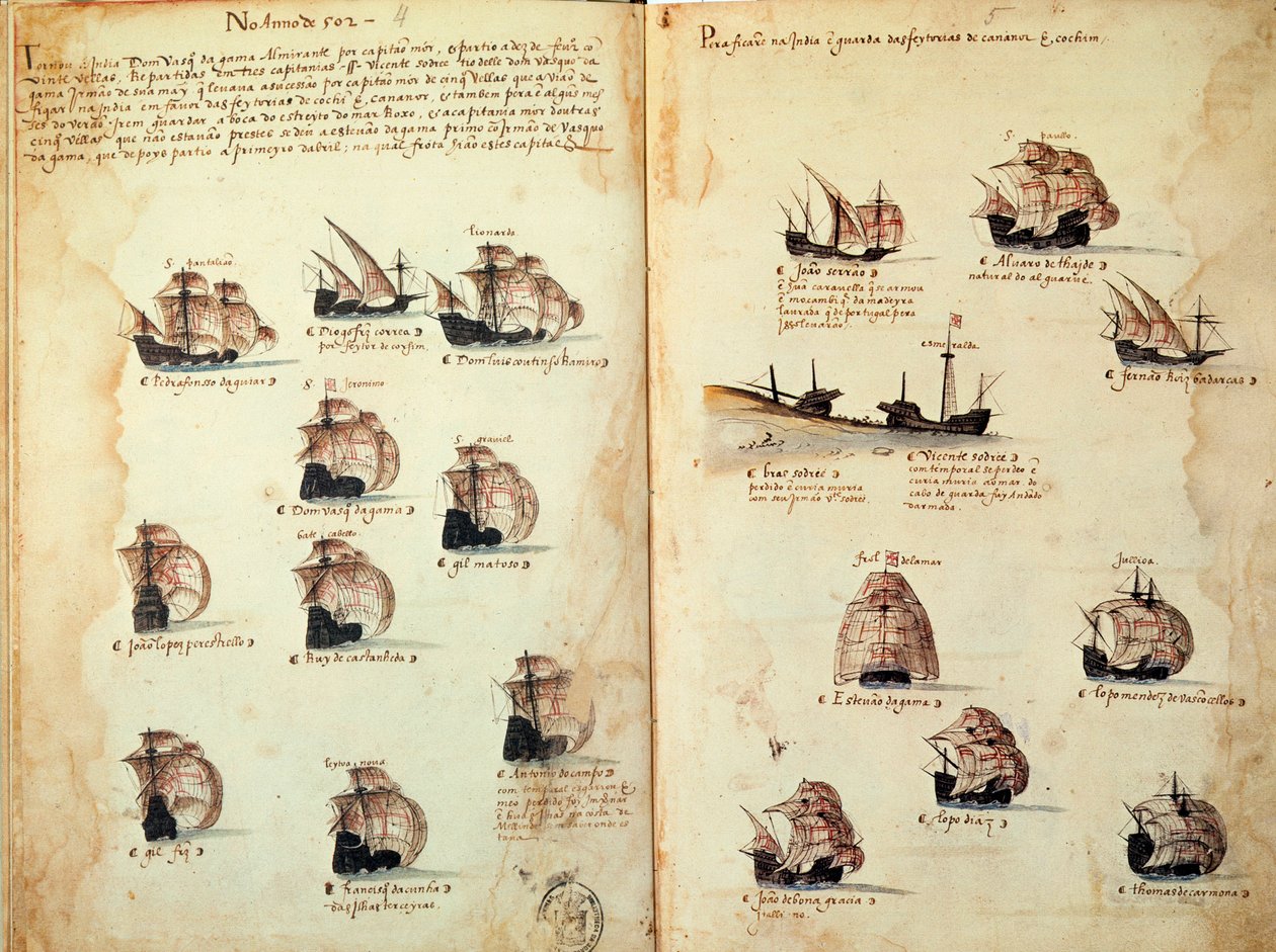 Manuskriptside "" Minnesmerker over armadaene i Portugal under kong Manuel I (1469-1521)"" som representerer de portugisiske flåtene. 1533 B.N. Paris av Portuguese School