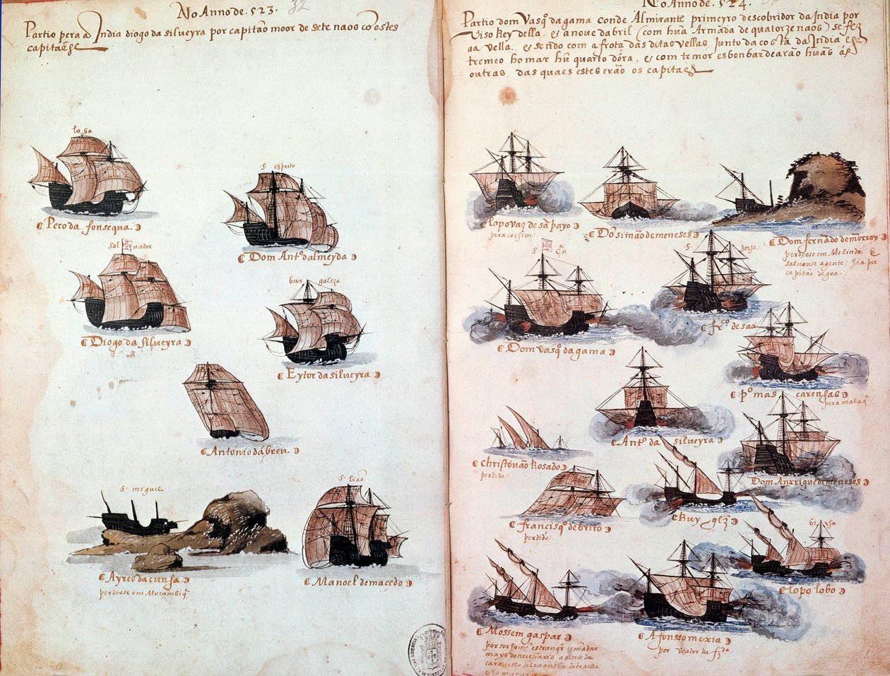 Manuskriptside "" Minnesmerker over armadaene i Portugal under kong Manuel I (1469-1521)"" som representerer de portugisiske flåtene. 1523 B.N. Paris av Portuguese School