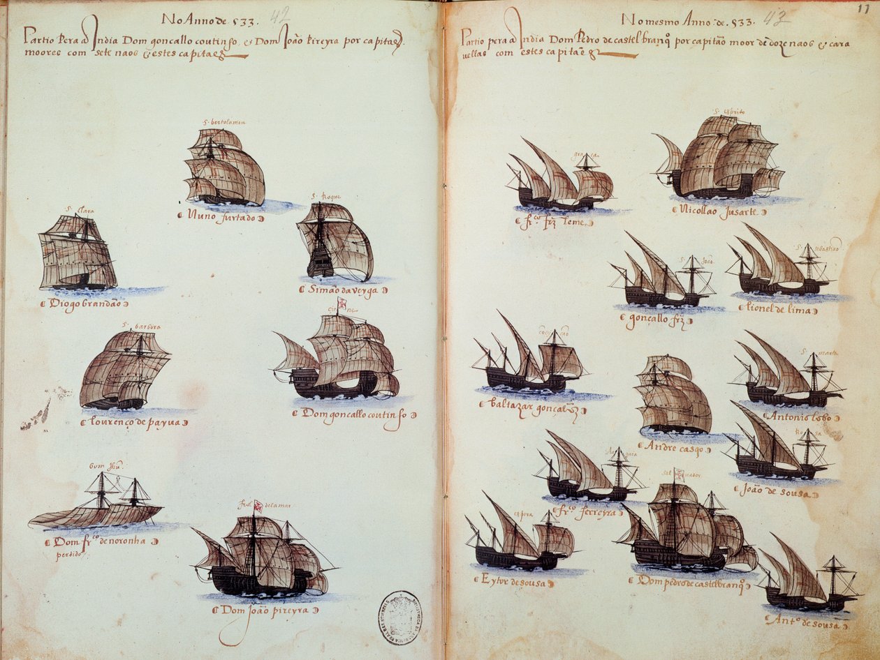 Manuskriptside "" Minnesmerker over armadaene i Portugal under kong Manuel I (1469-1521)"" som representerer de portugisiske flåtene av Portuguese School
