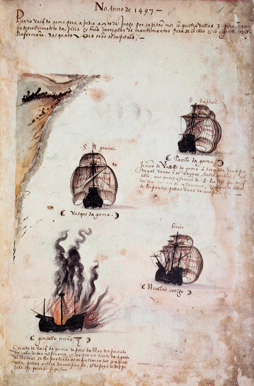 Manuskriptside "" Minnesmerker over armadaene i Portugal under kong Manuel I (1469-1521)"" som representerer de portugisiske flåtene i året 1497. 1523 f.Kr. Paris av Portuguese School
