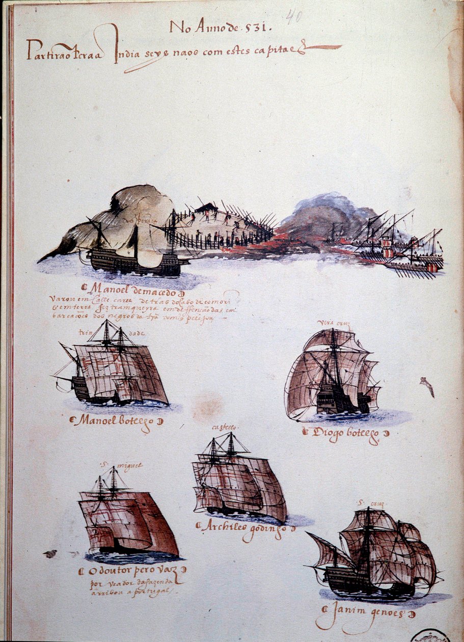 Manuskriptside "" Minner om armadaene i Portugal under kong Manuel I (1469-1521)" som representerer de portugisiske flåtene av året 1497. 1500 Lisboa, Nasjonalmuseet for antikk kunst av Portuguese School