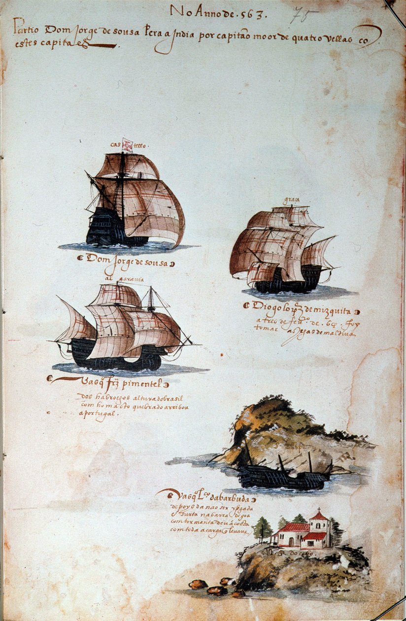 Manuskriptside "" Minner om armadaene i Portugal under kong Manuel I (1469-1521)" som representerer de portugisiske flåtene av året 1497. 1500 Lisboa, Nasjonalmuseet for antikk kunst av Portuguese School