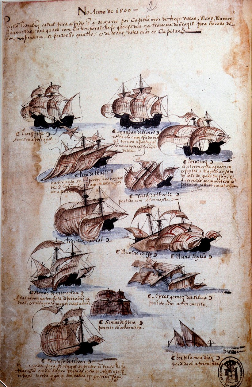 Manuskriptside "" Minner om armadaene i Portugal under kong Manuel I (1469-1521)" som representerer de portugisiske flåtene av året 1497. 1500 Lisboa, Nasjonalmuseet for antikk kunst av Portuguese School