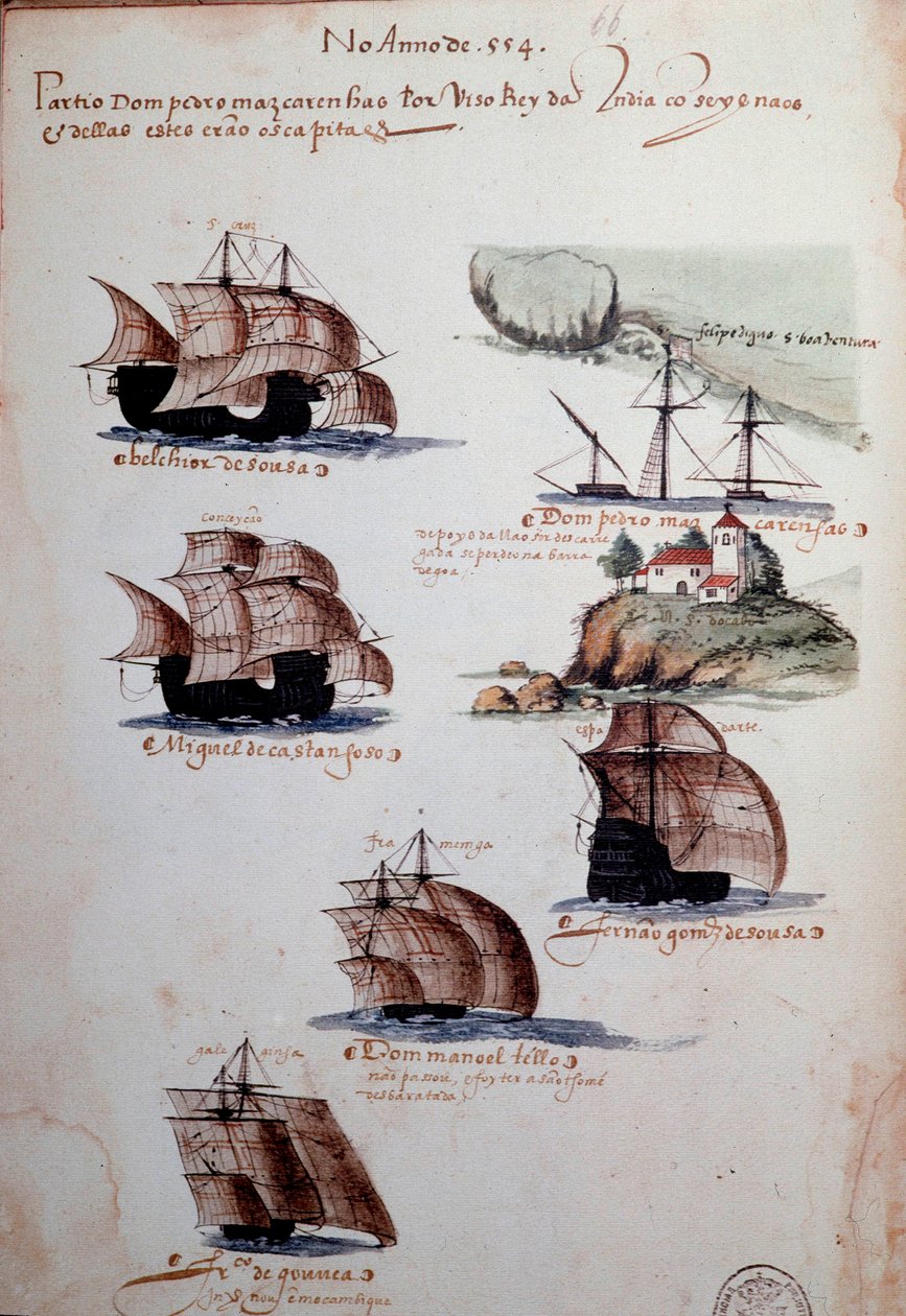 Manuskriptside "" Minner om armadaene i Portugal under kong Manuel I (1469-1521)" som representerer de portugisiske flåtene av året 1497. 1500 Lisboa, Nasjonalmuseet for antikk kunst av Portuguese School