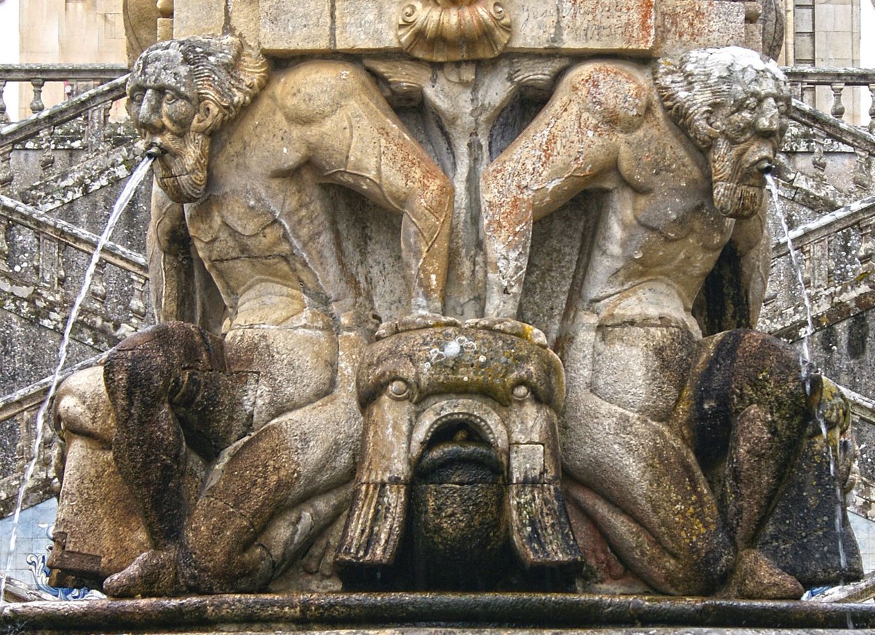 Mytiske Atlantes ved foten av en obelisk, Lamego, Portugal. 1738 (granitt) av Portuguese School