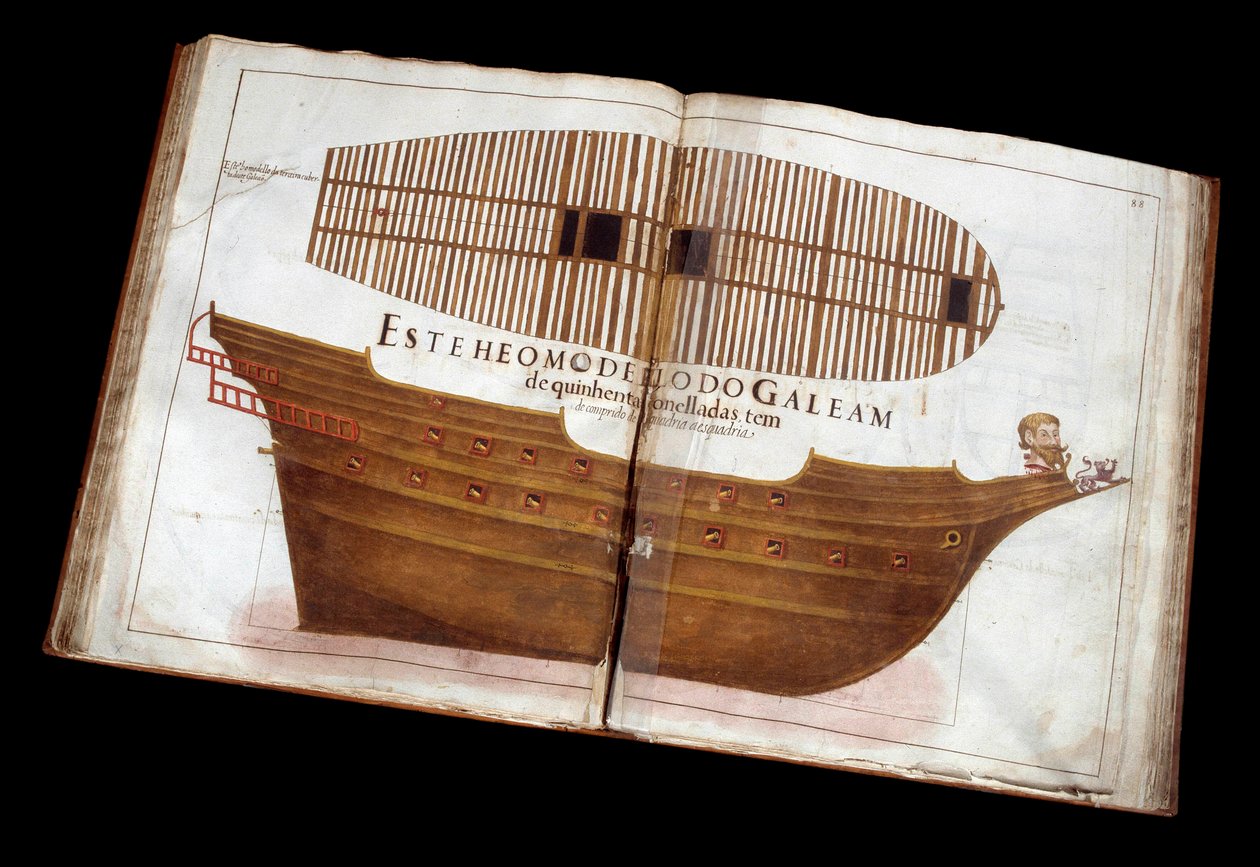 Sjøarkitektur: side av den arkitektoniske avhandlingen (Livro de Tracas de Carpintaria) av Manuel Fernandez: kutte et skip av Portuguese School