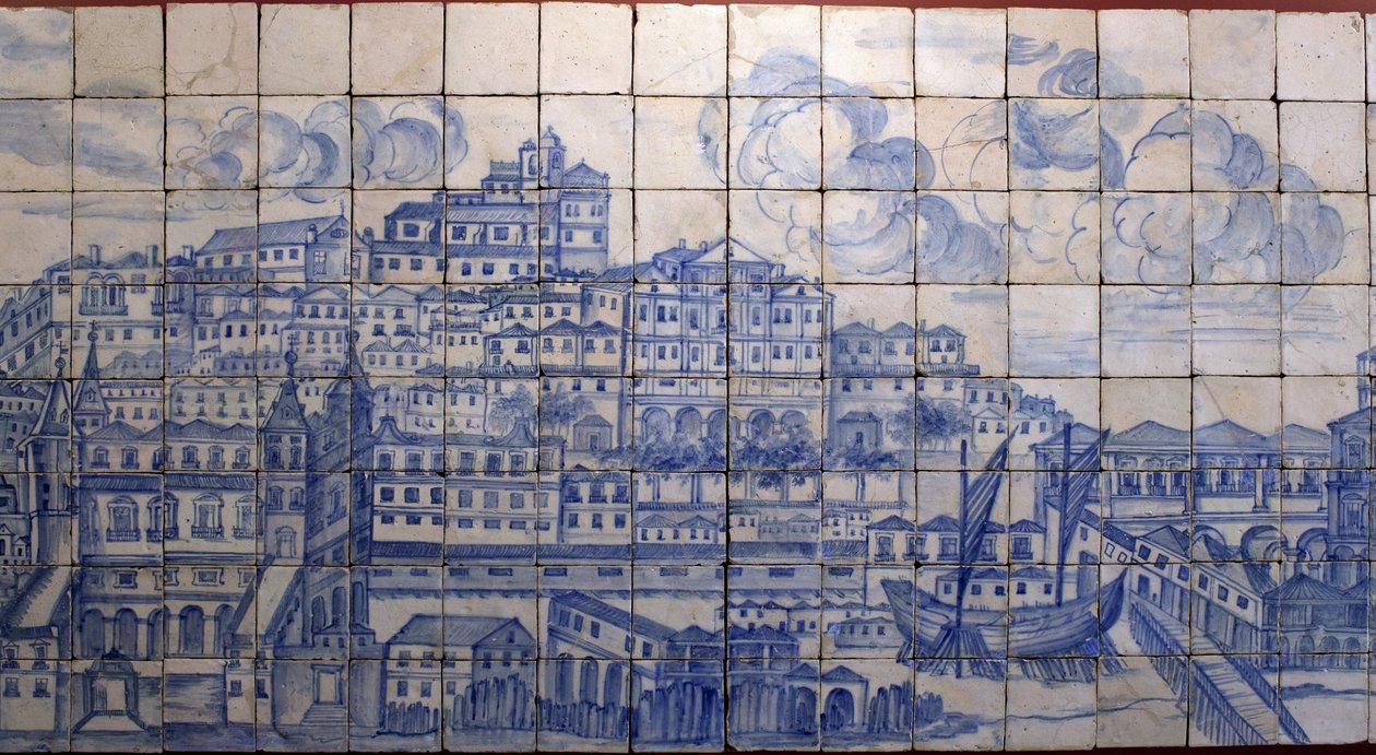 Panoramautsikt over Lisboa, før jordskjelvet i 1755 - Azulejos begynnelsen av 1700-tallet, panelvarsel om det tidligere palasset til grevene av Tentugal, Lisboa (Stor Lisboa-panorama før jordskjelvet i 1755, fajanse tidlig på 1700-tallet, gammelt palass av Portuguese School