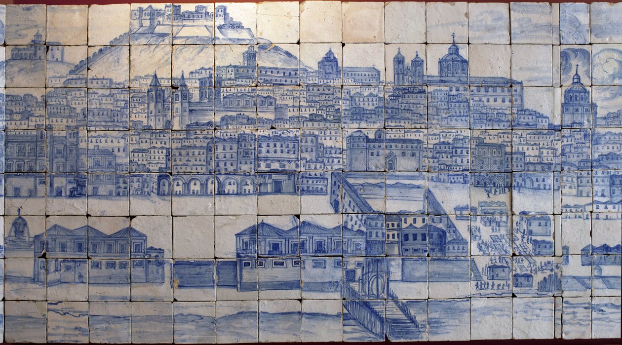 Panoramautsikt over Lisboa, før jordskjelvet i 1755 - Azulejos begynnelsen av 1700-tallet, panelvarsel om det tidligere palasset til grevene av Tentugal, Lisboa (Stor Lisboa-panorama før jordskjelvet i 1755, fajanse tidlig på 1700-tallet, gammelt palass av Portuguese School