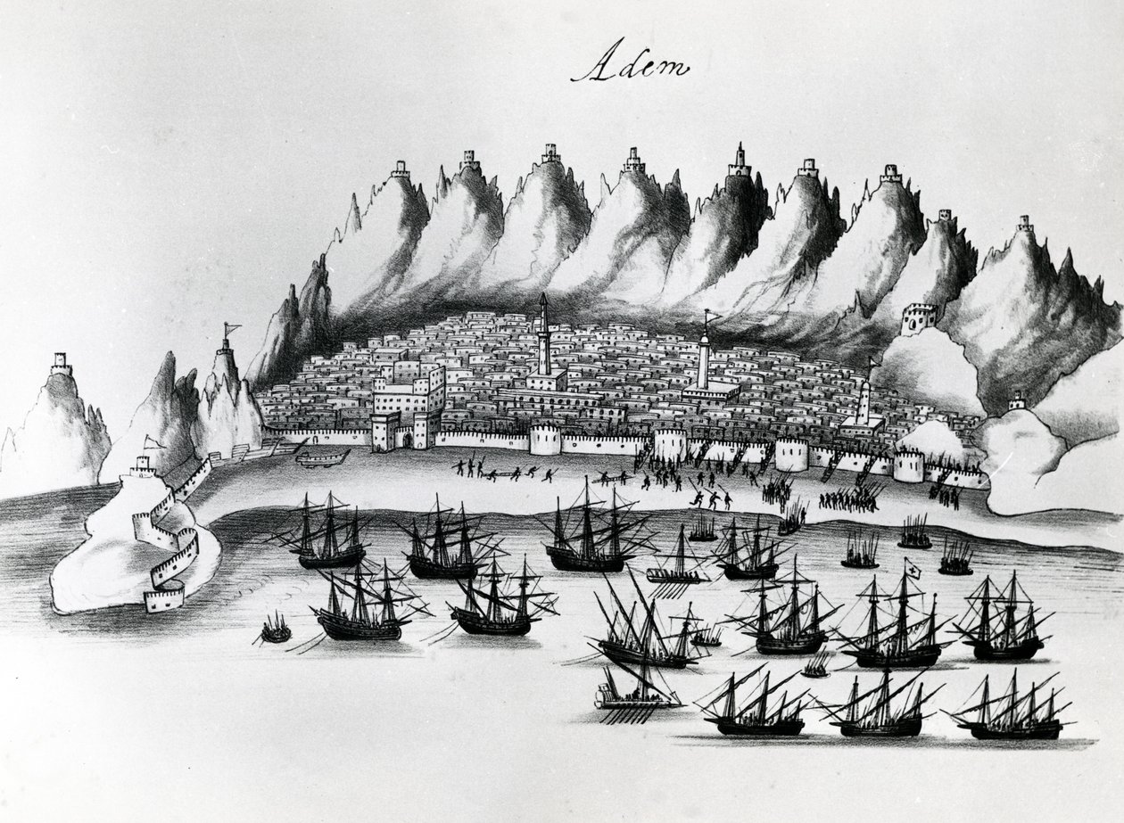 Portugisisk angrep på Aden, illustrasjon fra Legends of India av Gaspar Correia, ca. 1858 av Portuguese School