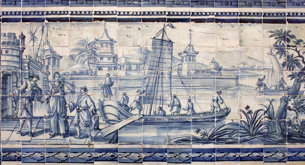 Scene ved bredden av en elv i Asia - Azulejos, malt fajanse av Portuguese School