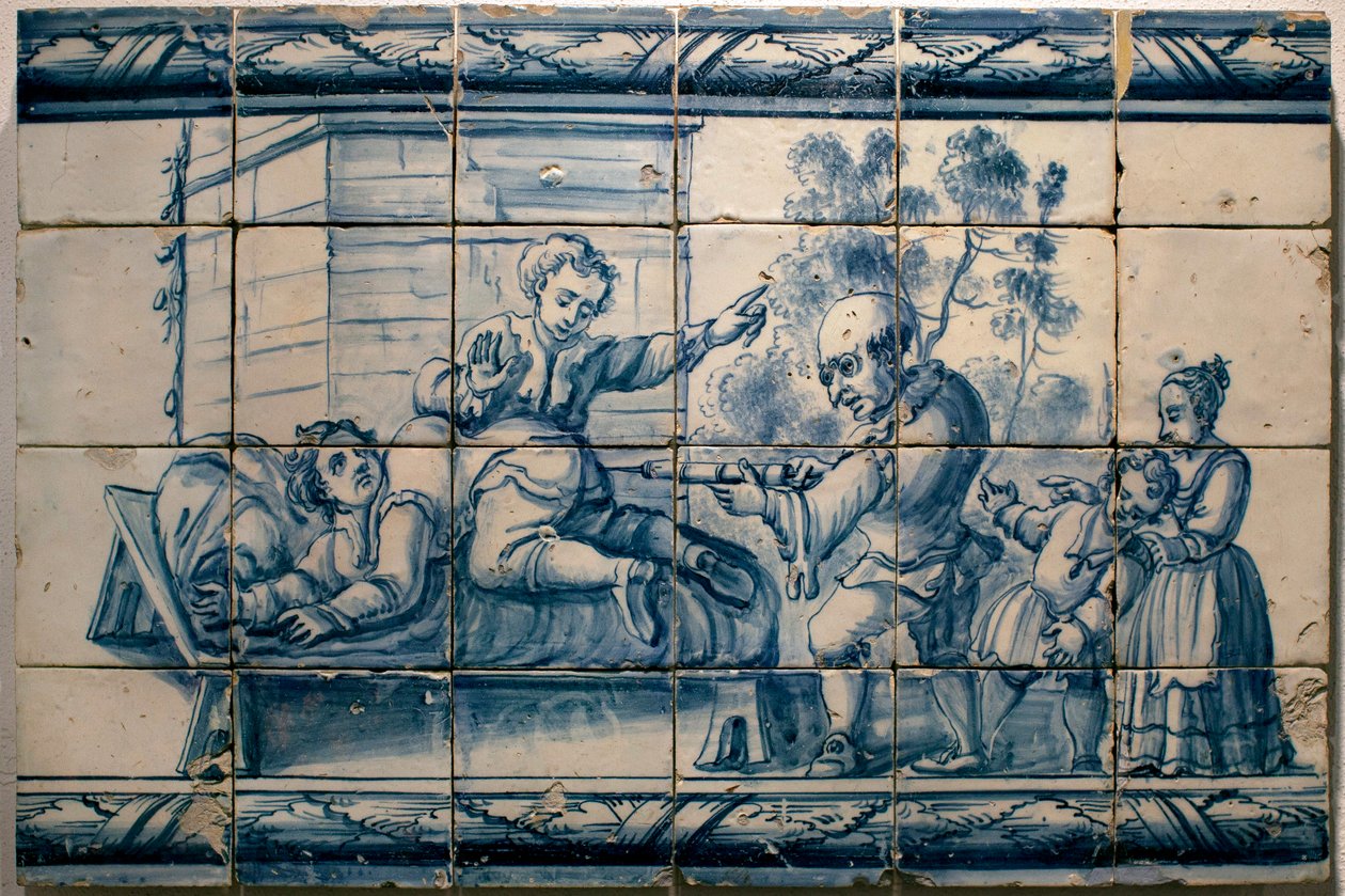 Legen gjør et klyster til en pasient - Satirisk panel av Lisboa, første halvdel av 1700-tallet (Lege - Satirisk panel, første halvdel av 1700-tallet) - Musee national des azulejos, Lisboa (Portugal) av Portuguese School