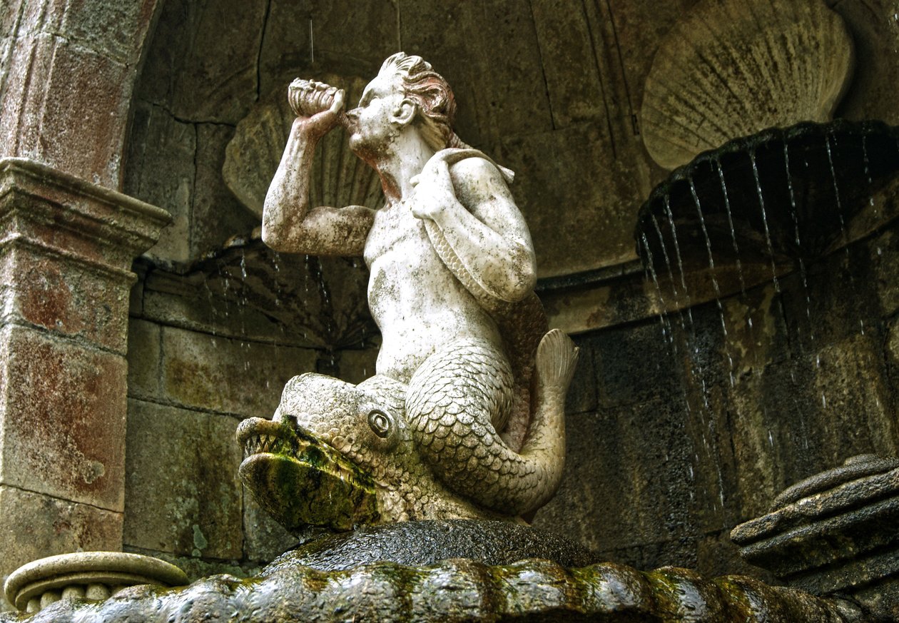 Triton-fontenen, Sanctuary of Our Lady of Remedies, Lamego, Portugal 1738 (stein) av Portuguese School