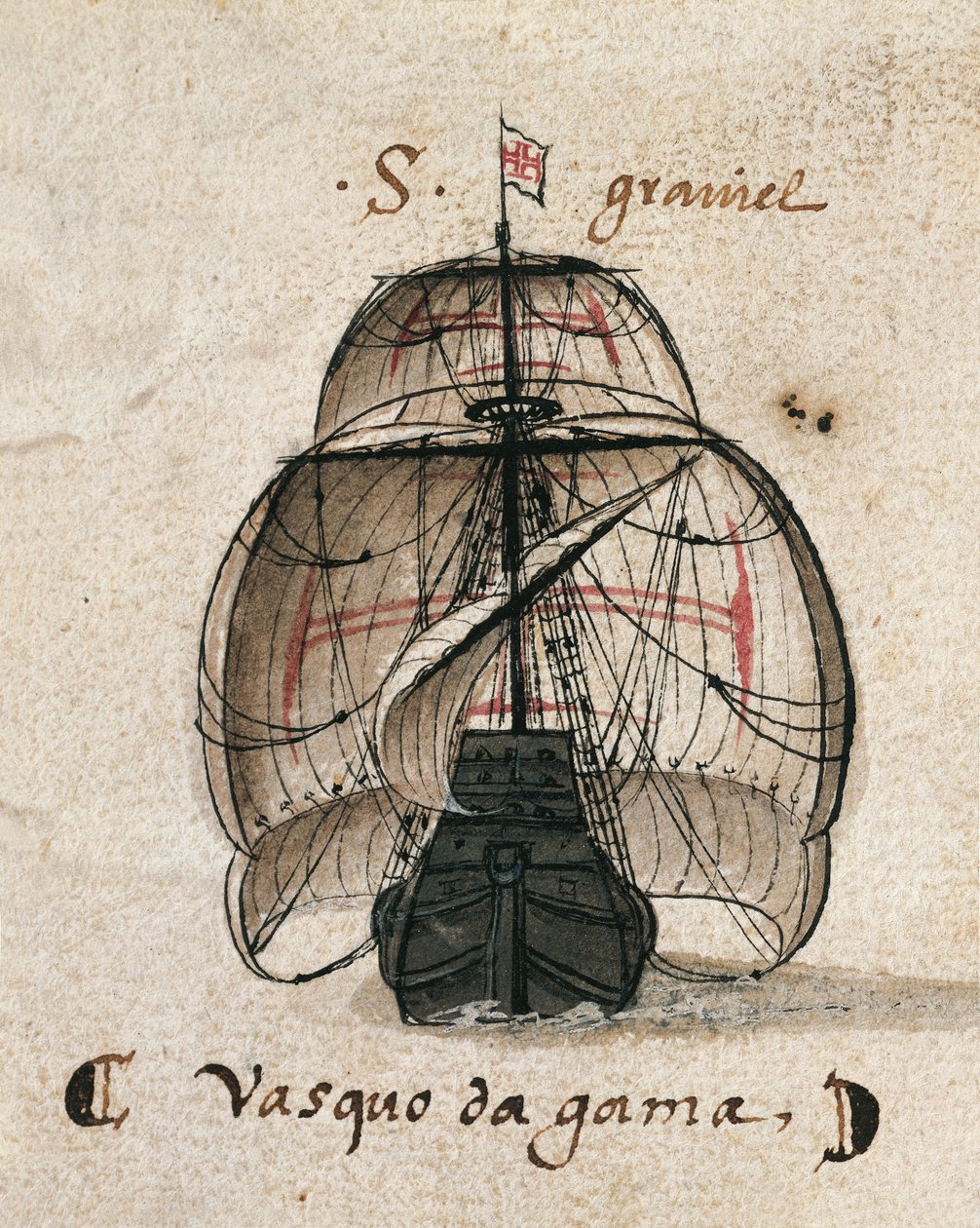 Vasco da Gamas karavel, illustrasjon fra 'Memorias das Armadas...', ca. 1568 (akvarell på papir) av Portuguese School