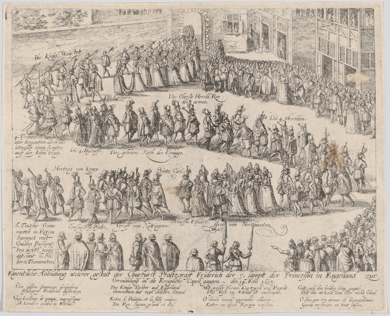 Ekteskapsprosesjon for bryllupet til Elizabeth Stuart, datter av James I, og..., 1613 eller senere. av Possibly by Abraham Hogenberg.