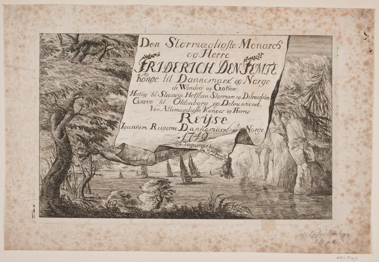 Tittelside til kong Frederik Vs reise gjennom Danmark og Norge 1749 av Poul Isac Grønvold