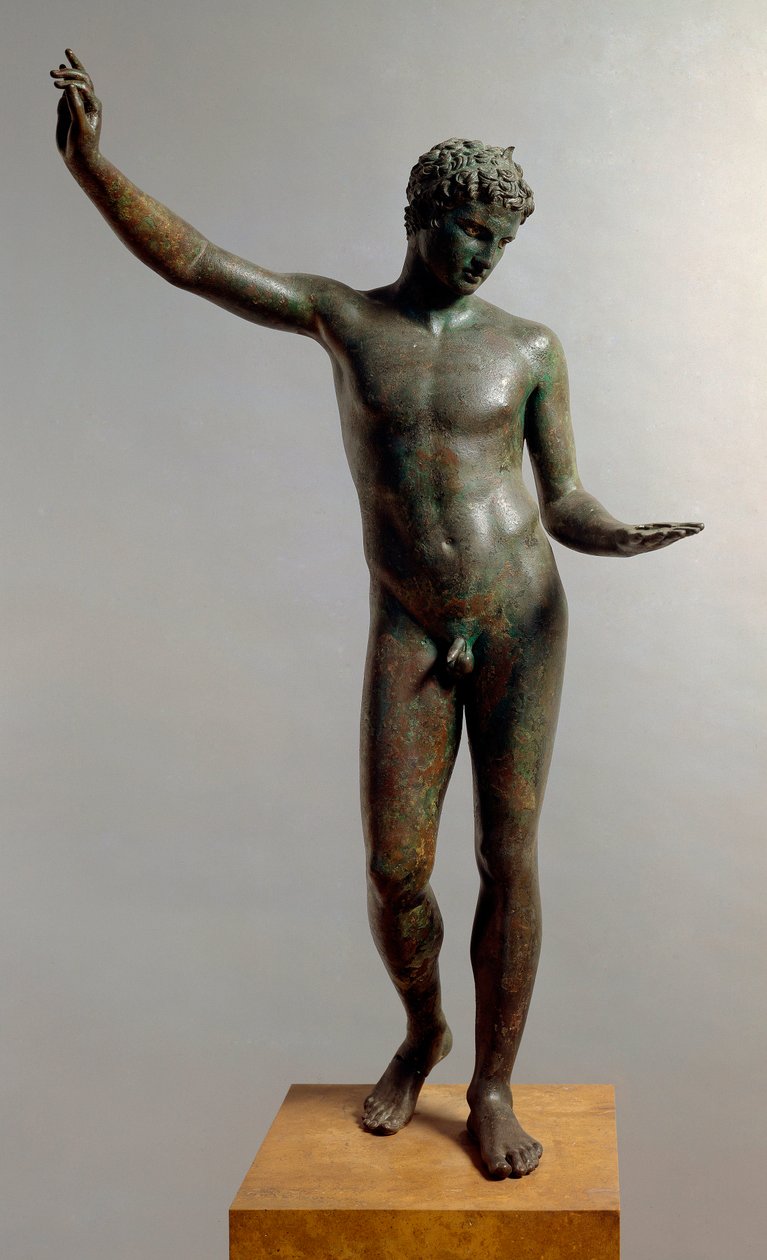 Gresk kunst: bronsestatue av "den unge mannen fra Marathon" (ephebe) som representerer Hermes-atleten tenåring tilskrevet skulptøren Praxitele (4. århundre f.Kr.), 460 f.Kr., Dim. 130 cm - Athen, Nasjonalt arkeologisk museum (inv. 15118) - The Marathon You av Praxiteles