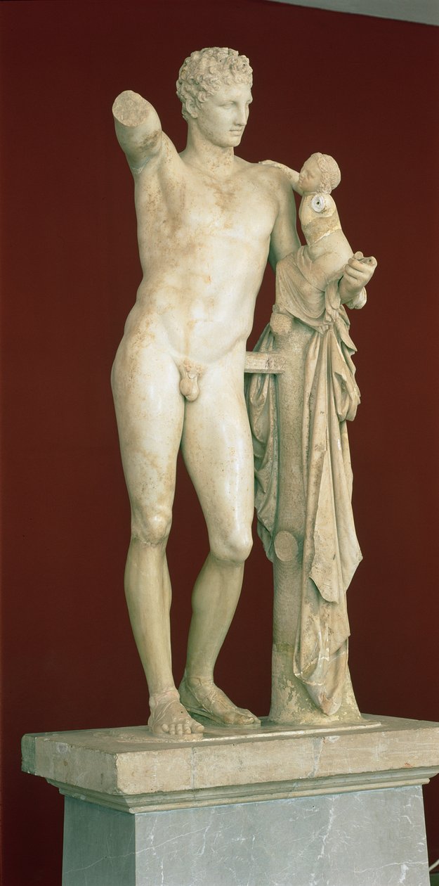 Statue av Hermes og spedbarnet Dionysos, ca. 330 f.Kr. (parian marmor) av Praxiteles