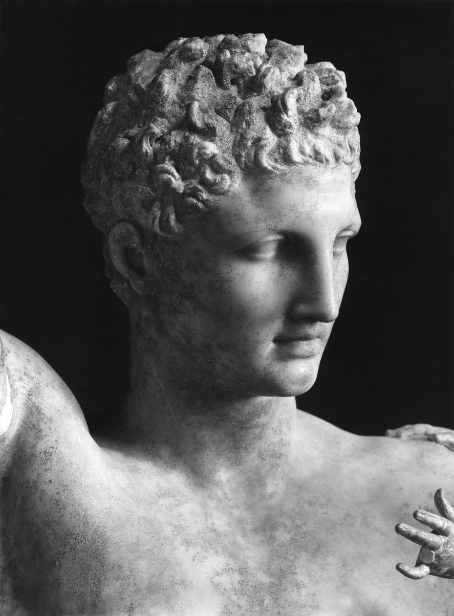 Detalj av statuen av Hermes og spedbarnet Dionysos, ca. 330 f.Kr. (parian marmor), leder av Hermes (se BAL 54791) av Praxiteles